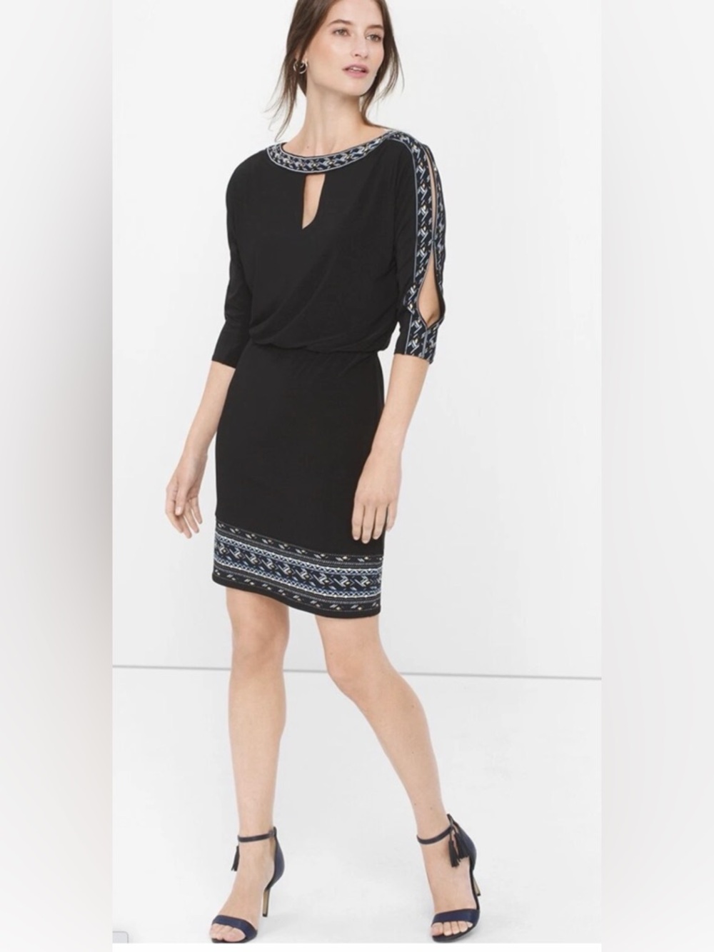 White House Black Market Embroidered Blouson Split Sleeve Dress Size L NWT